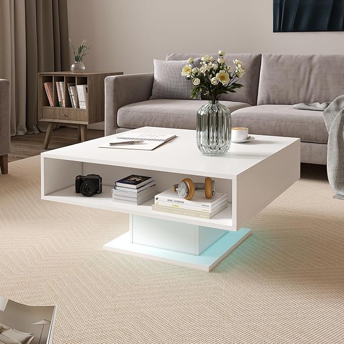 30.7" Lift Top Coffee Table with Storage, Square White Led Coffee Table with Large Hidden Storage, Wood Living Room Table Led Center Table for Dining Reception Room