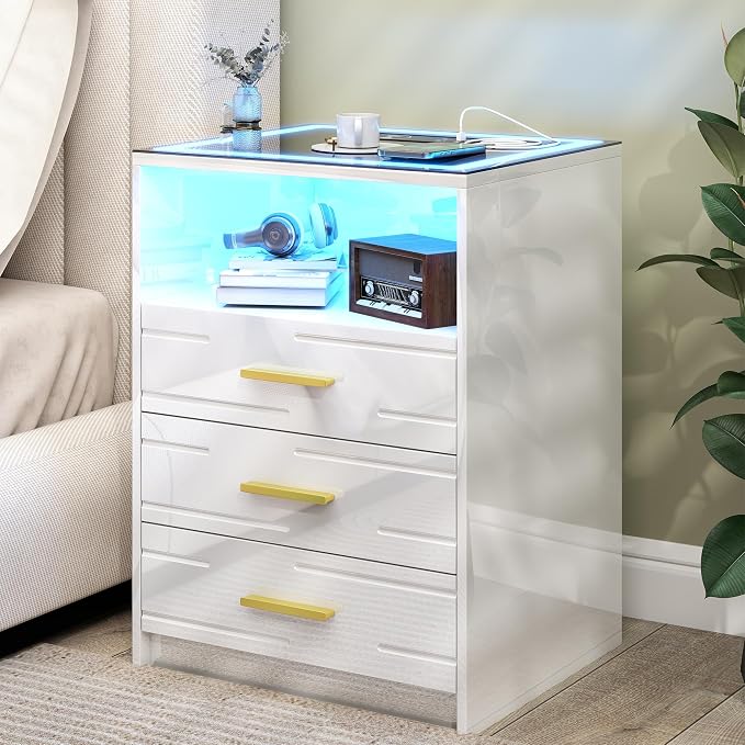 High Gloss LED Nightstand with Charging Station & 3 Color Dimmable Light Modern for Bedroom White, Smart Bedside Table with 3 Drawers & USB Type-C Port for Home - Image 6