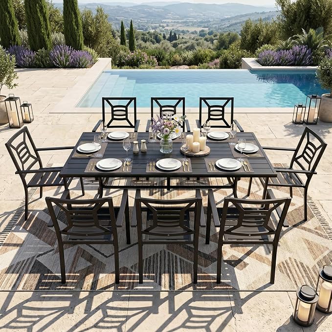 9 Piece Outdoor Patio Dining Sets, 77" Rectangular Metal Dining Table with Umbrella Hole & 8 Stackable Metal Chairs, Weather Resistant Garden Furniture Set for Backyard, Deck, Porch - Image 2
