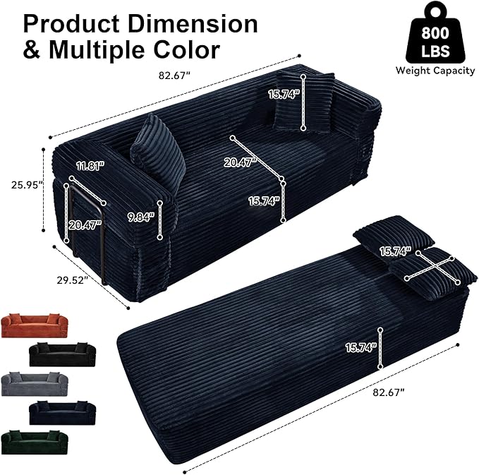 83'' Boneless Couch in A Box, No Assembly Needed Sofa Bed Couch 3 Seater Corduroy Modern Cloud Sofa 29'' Deep Seat with 2 Pillows & Removable Backrest for Living Room, Bedroom, Apartment, Navy Blue | No Assembly Needed, High Density Foam, Removable Bac...