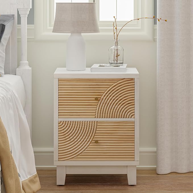 COZAYH 2-Drawer Farmhouse Nightstand X 2P, Mid Century Nightstand Fully Assembled with Handcrafted Wood Ring Pattern for Boho, Mid-Century, Rustic Style, White - Image 7
