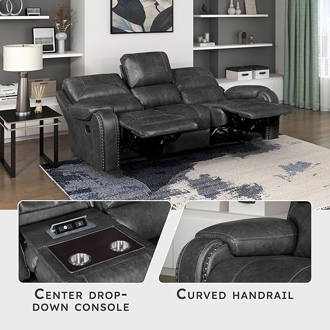 Lexicon Modern Double Recliner Sofa, Faux Leather Reclining Sofa with Nailhead, Center Drop-Down Cup Holders, Receptacles, USB Ports, Manual Recliner Couch Sofa for Living Room/Office/Apartment, Grey