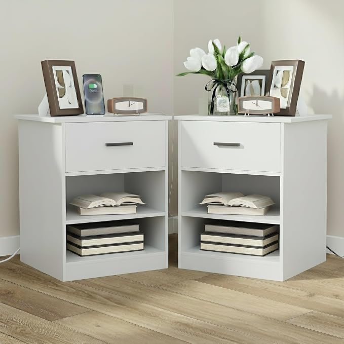 White Nightstand Set of 2 with Charging Station,Modern Night Stand with Drawer and Open Shelf,Bedisde Table with Storage for Bedroom, End Side Table for Living Room by CIPACHOHOMEFURNITURE