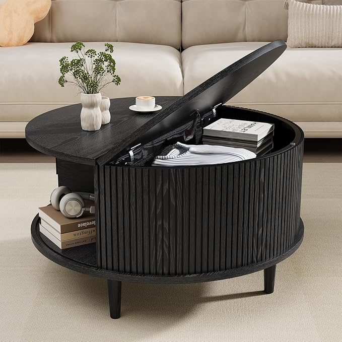 Round Coffee Table with Storage, Mid Century Modern Coffee Table, Fluted Dining Table with Sliding Door, Circle Coffee Table for Living Room Home Office, 31.5", Black