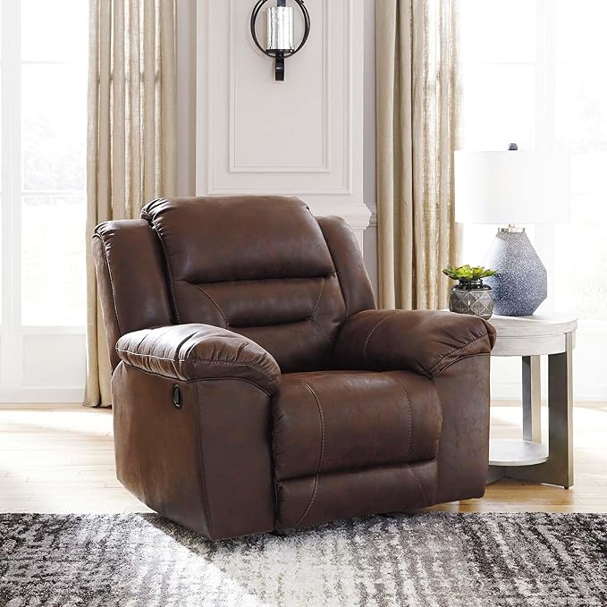 Signature Design by Ashley Stoneland Faux Leather Manual Pull Tab Rocker Recliner, Dark Brown