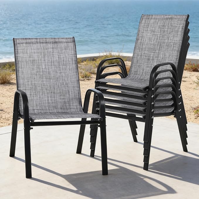 Outdoor Stackable Chairs Set of 6, Stacking Patio Chairs with Textilene Fabric, Outside Furniture for Garden Backyard Balconie Poolside Deck, Grey - Image 2