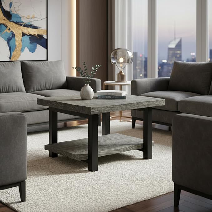 Alaterre Furniture Pomona Living Room Tables – 27 Inch Square Solid Wood Coffee Table with Metal Legs – Modern Rustic Industrial Small Space Table (Slate Grey)