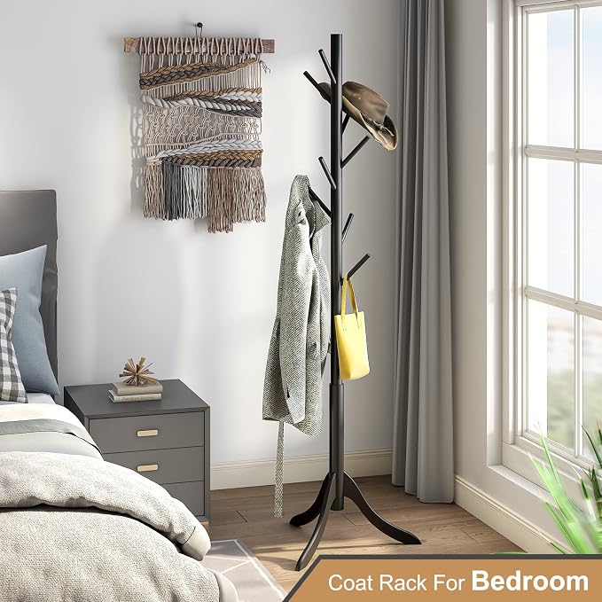 Coat Rack Freestanding, Coat Stands Entryway, Bamboo Coat Rack Hat Hanger 8 Hook for Jacket, Purse, Scarf Rack, Umbrella Tree Stand (Black) - Image 2