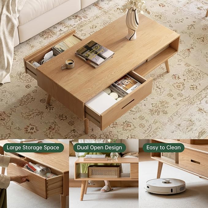 100% Solid Wood Coffee Table for Living Room, Mid-Century Modern Coffee Table with Storage Shelf and 2 Drawers, Oak Coffee Tables for Home (Natural Wood Color, 39.37'' W)