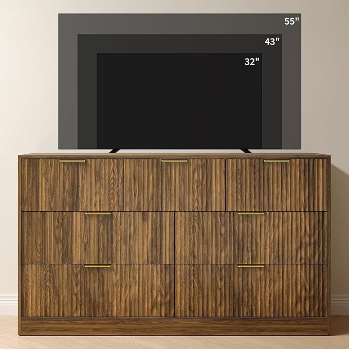 7 Drawer Dresser and Nightstand Sets, 3 Pcs Bedroom Set for Bedroom, Fluted Night Stand Set of 2 & 55" Wide Dresser w/Gold Handles, Mid Century Wood Chest of Drawers Storage Set, Walnut