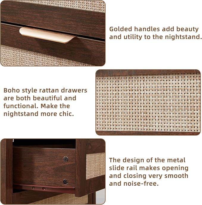 LEYAOYAO 31.5" Wide Rattan Night Stand with Charger Station, Oversized Large Walnut Nightstand with 2 Drawer, Boho Bed Side End Tables with Storage, Tall Bedside Table for Bedroom Living Room, Hallway - Image 4