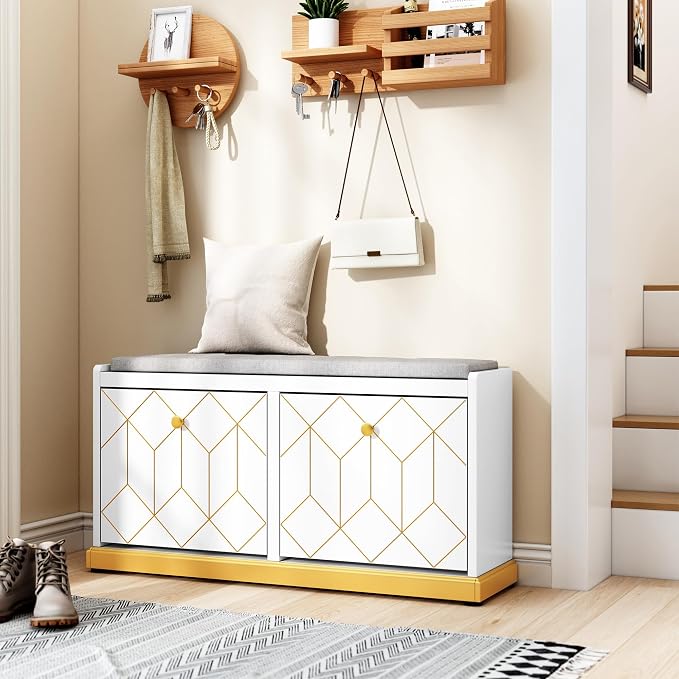 HLR Shoe Bench with Storage, Modern Entryway Bench with 2 Flip Drawer & Padded Cushion Seat, Shoes Storage Bench for Hallway, Closet, Living Room, White Shoe Storage Cabinet with Bench - Image 3