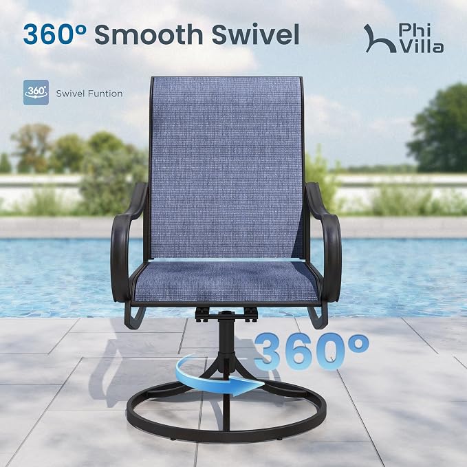 PHI VILLA 7 Piece Outdoor Patio Dining Set, Large Metal Table (1.57'' Umbrella Hole) and 6 Swivel Dining Chairs with Textilene Mesh Fabric, All Weather Patio Furniture Set for Deck Lawn Garden (Blue) - Image 2