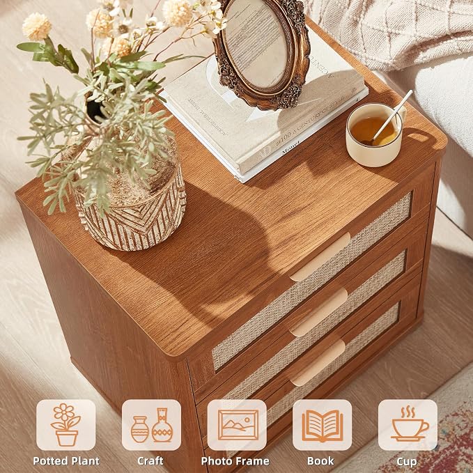 LEYAOYAO Rattan Night Stand with Drawers, 23" Large 3 Drawer Boho Nightstand, Natural Wood Bedside Table Storage Cabinet, Bed Side End Tables Dresser for Bedroom, Living Room, Hallway, Closet - Image 8