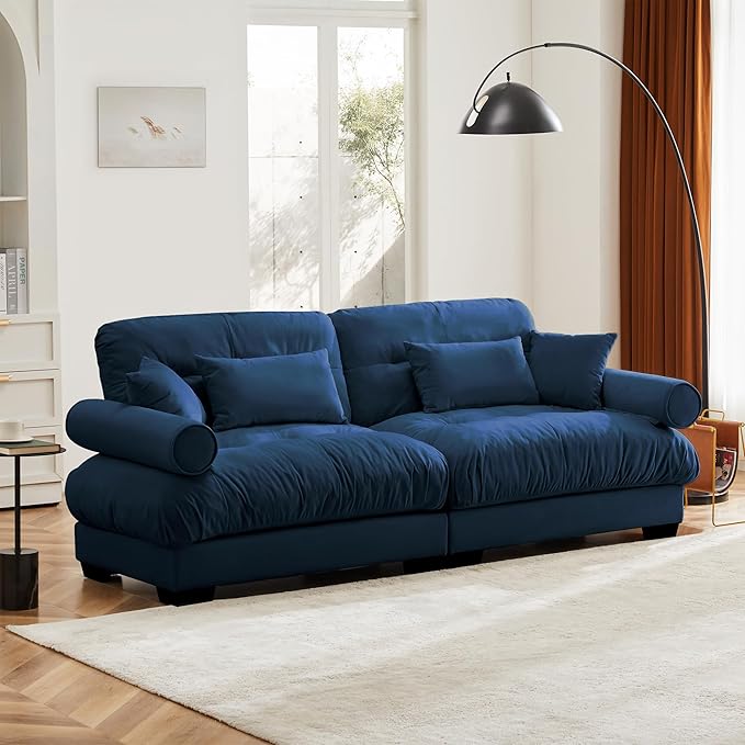 KEIKI 94" Oversized Velvet Modular Sectional Loveseat Sofa with High-Density Foam Cushions and Bolstered Armrests, Upholstered Modern Style 2-Seater Cloud Couch with 4 Pillow, for Living Room, Blue