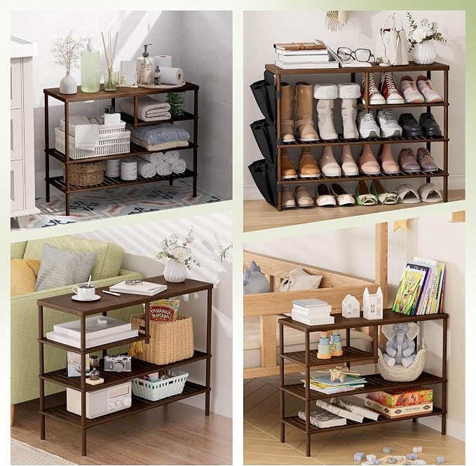 Bamboo Shoe Rack, 4 Tiers Shoe Organizer for Closet, Shoes Storage for 20-24 Pairs, Freestanding Shoe Shelf with Removable Pocket for Entryway Bedroom Front Door Dorm, Walnut Brown - Image 7