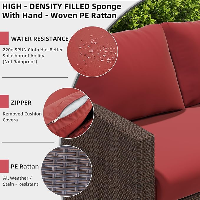 AECOJOY Outdoor Patio Furniture Set with Waterproof Cover, 7 Pieces Clearance Sectional Rattan Dining Table&Chairs, All Weather Wicker Conversation Sofa Couch, Wine Red Cushions&Brown Rattan