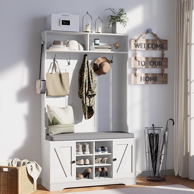 71" Hall Tree with Bench and Shoe Storage, Entryway Hall Tree with 2 Doors and 6 Adjustable Shelves, Cushioned Storage Bench with Coat Rack for Hallway, Living Room, Mudroom by LessSpaceMoreLife