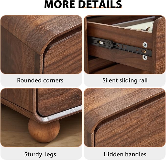 Small Night Stand Set of 2, Mid Century Modern Nightstands with 2 Drawers and Solid Wood Legs, 2 Drawer Dresser Curved Profile Design End Table Side Table for Small Space, Dorm, Bedroom(Walnut) - Image 5