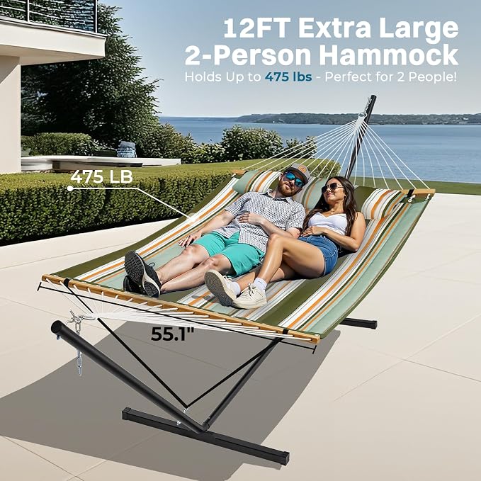 SUPERJARE Hammock with Stand, 2 Person Quilted Outdoor Hammock, Detachable Pillow & Bamboo Spreaders, Portable Hammock with Carrying Bag, Heavy Duty Stand, Perfect for Outside, Patio, Retro Green - Image 3