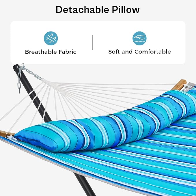 SUPERJARE Hammock with Stand, 2 Person Heavy Duty Hammock with Padded Cotton, Detachable Pillow & Strong Curved-Bar & Portable Carrying Bag, Perfect for Outdoor & Indoor, Aqua Blue - Image 4