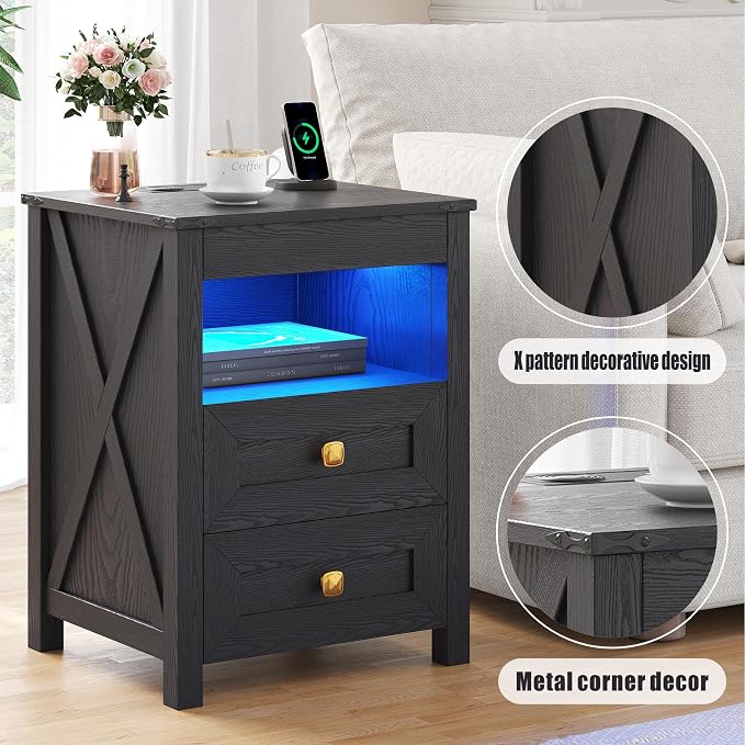 TAGELIER Farmhous Nightstand with Gun Drawer,Bedside Table with Charging Station, Gun Night Stand with LED Light & Human Sensor,Smart End Table for Bedroom, Black - Image 7