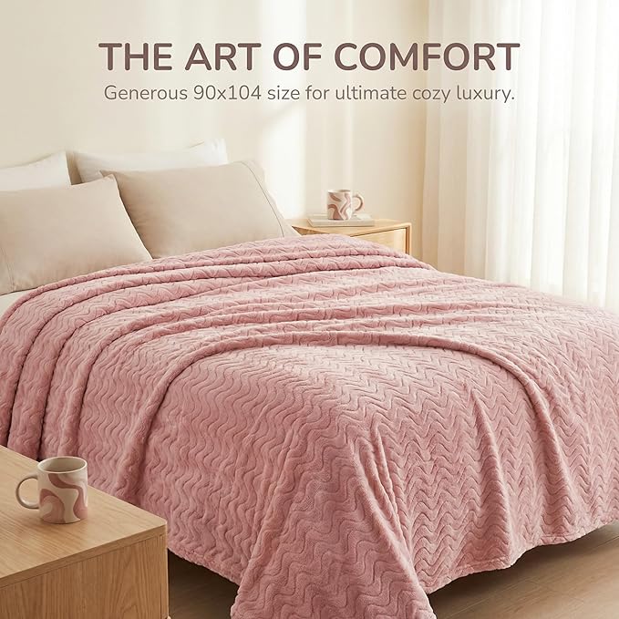 Exclusivo Mezcla King Blanket for Bed, Cozy Lightweight Fleece Blankets for All Season, Decorative Giftable Fuzzy Plush Wave Textured Suitable for Women, Men, Pink, 90x104 Inches