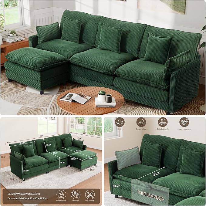 L Shaped Cloud Sofa, 4-Seater Modular Couch with Double Layer Upholstered Seat Cushion, Corduroy Sleeper Sofa with Ottoman & Pillows, Couches for Living Room, Bedrooms & Apartments, Green