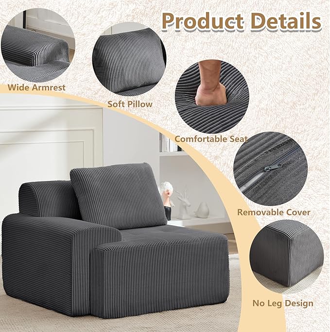 KIGOTY Modular Sectional Sofa, Comfy Cloud Sectional Couch with Left Armrest, Corner Couch, Modern Boneless Sofas for Living Room, No Assembly Required, Grey