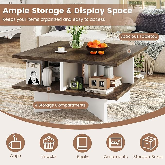Giantex Square Coffee Table, Mid Century Modern Center Table with 4 Storage Compartments & Cross-Shape Base, 24 Inch Farmhouse Coffee Tables for Living Room (Walnut)