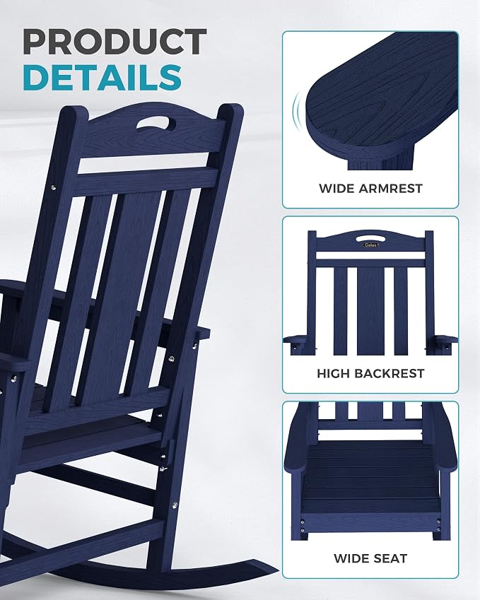 Ciokea Oversized Outdoor Rocking Chair, 380lbs Heavy-Duty Large Patio Rocker, Weather Resistant & Anti-Fade Porch Chair, High Back Cozy Rocking Chair for Outside, Fire Pit, Deck, Garden, Navy Blue - Image 5