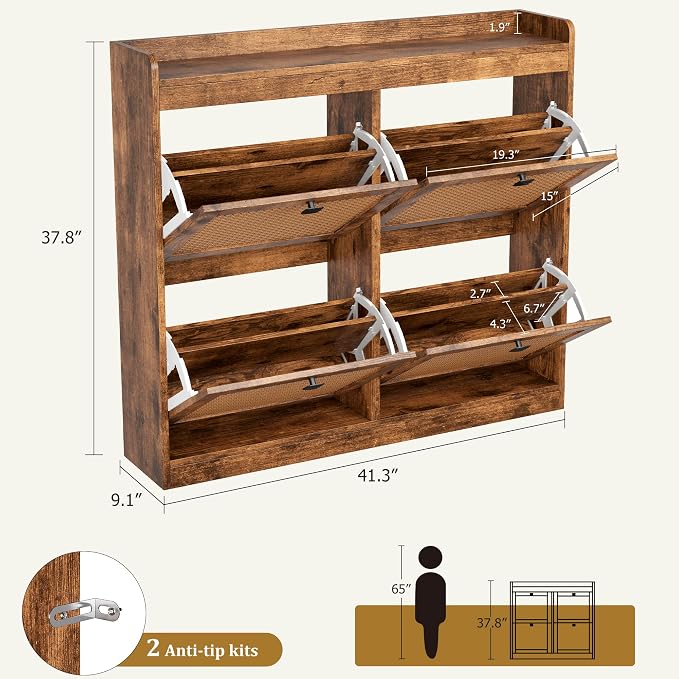 GarveeHome Shoe Cabinet Rattan with 4 Flip Drawers, Wooden Freestanding Shoe Organizer with Adjustable Shelves, Shoe Storage for Entryway, Closet, Hallway - Image 2