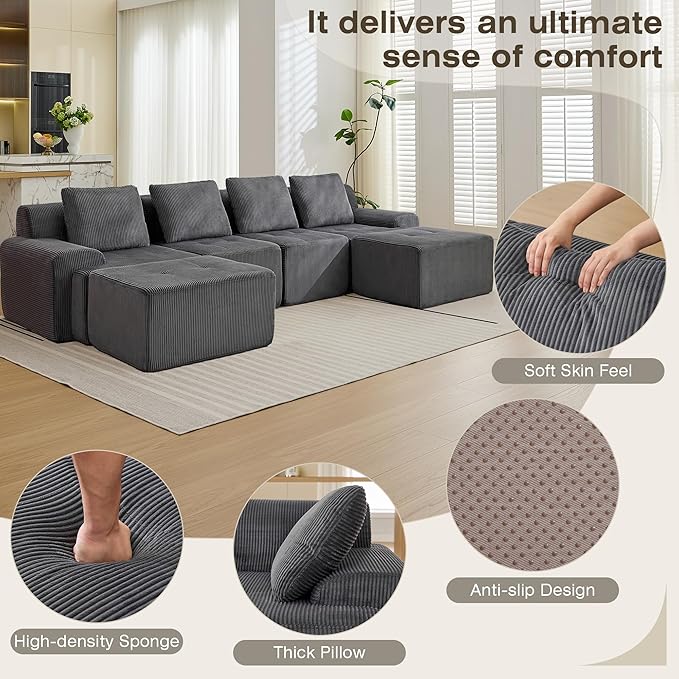 Modular Sectional Sofa, 6 Seat Modular Couch, Modular Sofa with Deep Seat and Detachable Pillow (Grey, 6 Pieces-U Shape)