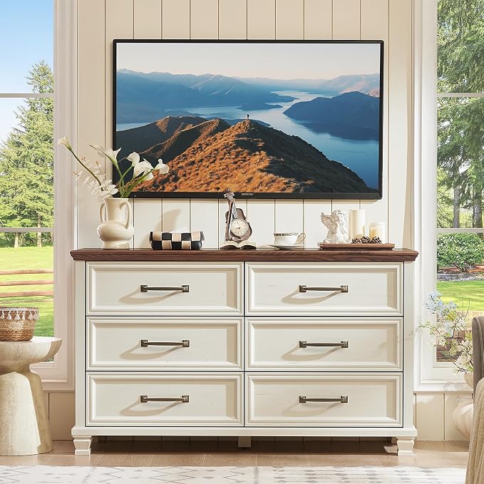 SAVOR LIFE Farmhouse White 6 Drawer Dresser for Bedroom, 54 inch Wide Vintage Large Chest of Drawers with Square Wood Legs, Rustic TV Console for Living Room, Wooden Storage Closet Dressers for Home - Image 3
