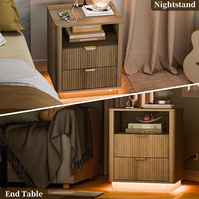 Fluted Night Stand Set of 2, Curved Nightstands with Charging Station Lighting, Wood End Table with 2 Drawers, Modern Side Table Storage Cabinet for Bedroom Office,(2, Natural) - Image 4