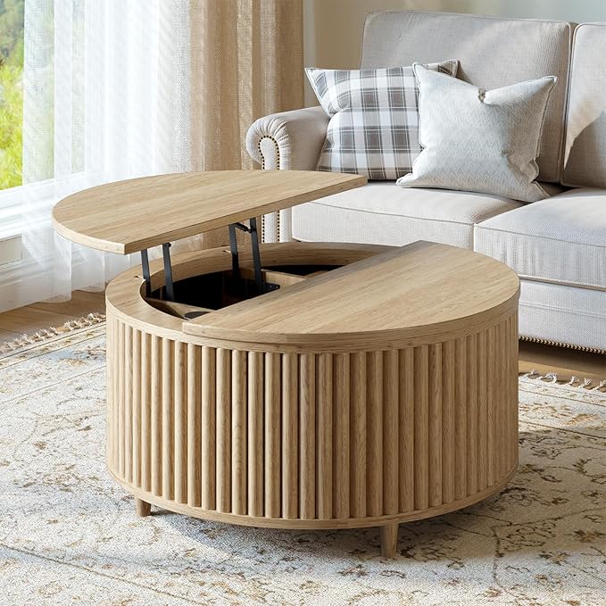 Evermagin 31.5'' Walnut Round Coffee Table, Fluted Lift Top Coffee Table with Large Storage, Mid Century Modern Small Center Table for Living Room