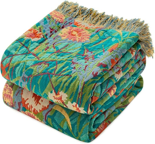 Boho Throw Blanket - 60"x80" 100% Cotton Ultra Soft Lightweight Spring Blanket, 4-Layer Breathable Muslin Blankets for Bed Couch, Reversible Green Floral Printed Bohemian Cotton Quilt