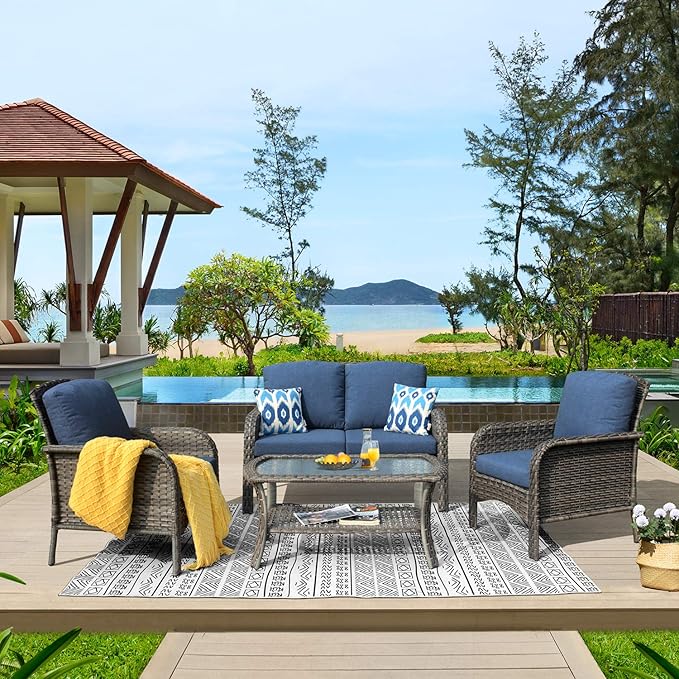 ovios 4-Piece Patio Furniture Set, Outdoor Wicker Sofa with Chairs Coffee Table, High Back Rattan Couch Loveseat with Comfy Cushions for Porch Yard Deck, Denim Blue