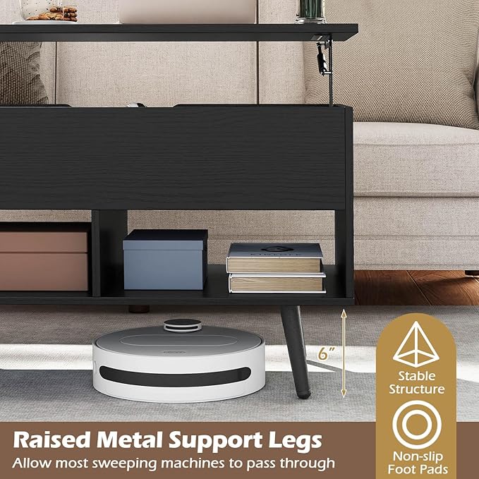 Giantex Lift Top Coffee Table, Modern Cocktail Table w/Hidden Compartment & 2 Open Shelves, Flip Top Center Table, Wooden Pull up Coffee Table for Living Room, Reception Room, Office (Black)