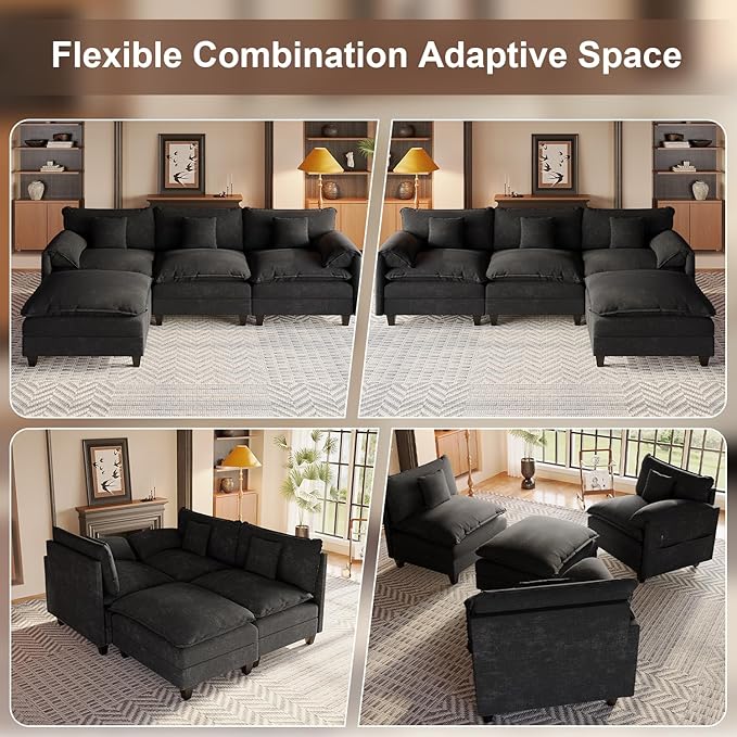 Modular Sectional Sofa, 108” Comfy Cloud Couch with Movable Ottoman | Charging Station | Side Pocket | Throw Pillow, Modern L-Shaped Couches for Living Room, Chenille, Charcoal Black