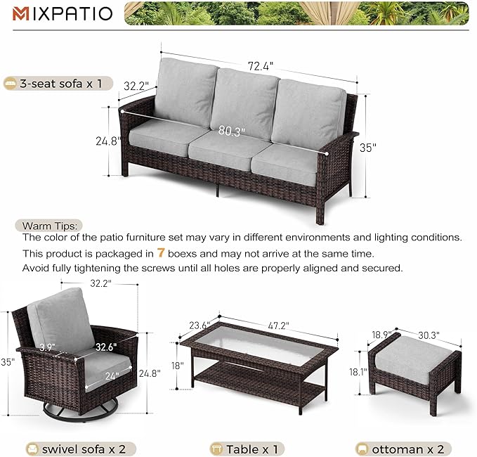 6-Piece Wicker Patio Furniture Set with Swivel Chairs, High Back Outdoor Furniture with 5.5-inch Thick Cushion and Ottoman, All-Weather Wicker Patio Conversation Set for Deck Yard Pool, Grey