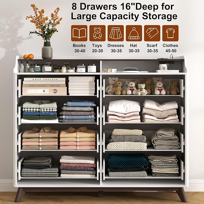 Dresser for Bedroom with 8 Drawers, 55" Large Dresser & Chest of Drawers with Charging Station, Wood Closet Clothes Storage Tall Dressers Organizer for Bedroom Living Room Hallway (White) - Image 4