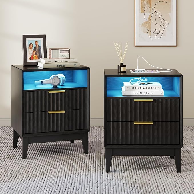 LVSOMT 20'W Fluted Nightstand Set of 2, Night Stand with Charging Station and LED Lights, RFID Lock Hidden Drawer, Mid Century Modern Bedside Table for Bedroom, 2 Drawers and Open Storage Cubby, Black by DecorateHomeatEase