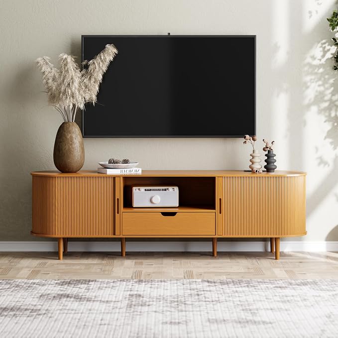 DHH 71" Fluted TV Stand with Power Outlet for TVs up to 80",TV Console with Adjustable Shelves and Sliding Door,Mid Century Modern Entertainment Center for Living Room,Bedroom (Yellow Walnut, 71Inch) by DHHFurnitureBuyNow