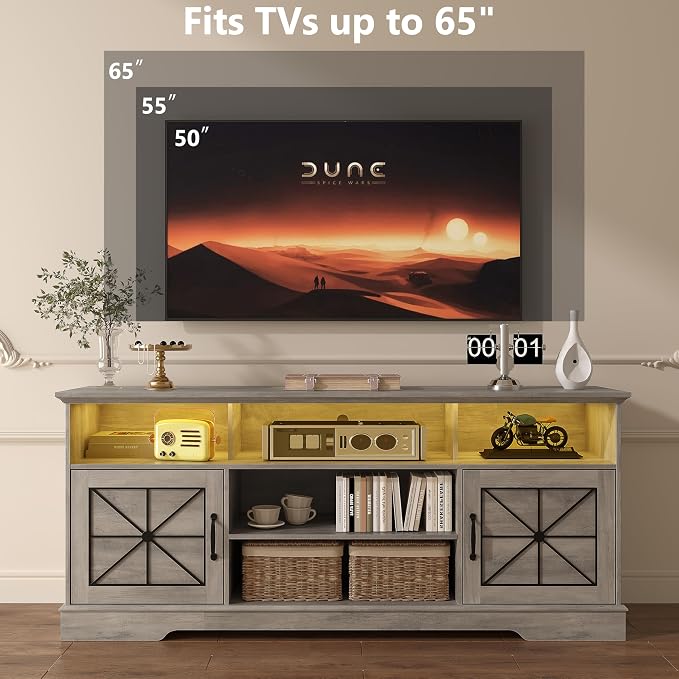 TV Stand for 65 Inch TV, Farmhouse Entertainment Center with RGB LED Lights, 59 Inch Media Console with Adjustable Center Shelf and Storage Cabinets, Rustic Barn Door Style - Image 3