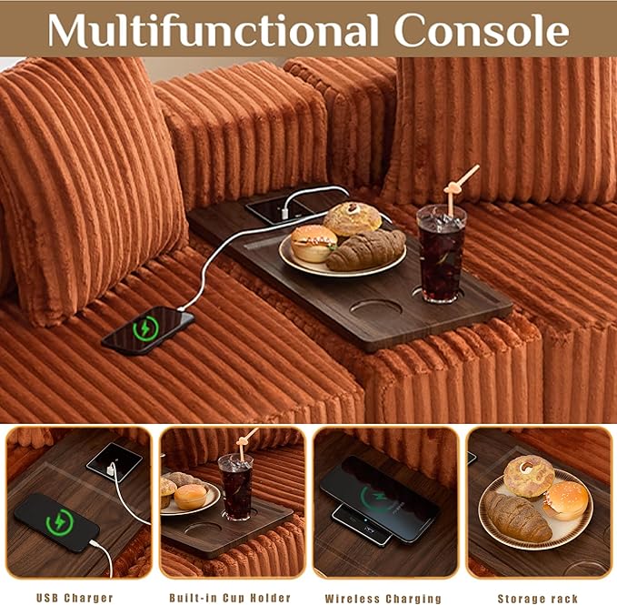 Oversized Cloud Modular Sectional Sofa Boneless Couch with Movable Ottomans,Free Combination Memory Foam Floor Couch with Charging Port & Cup Holders for Living Room | Coffee Table Board, Wireless Charge, No Assembly