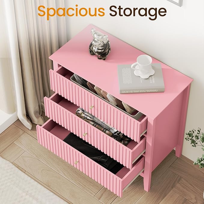 May in Color Large Pink 3 Drawer Dresser, Painted 30 Inch Tall Wood Nightstand with Storage, Wide Modern Chest of Drawers with Ball Bearing Slide for Bedroom Hallway Living Room Entryway Office - Image 3