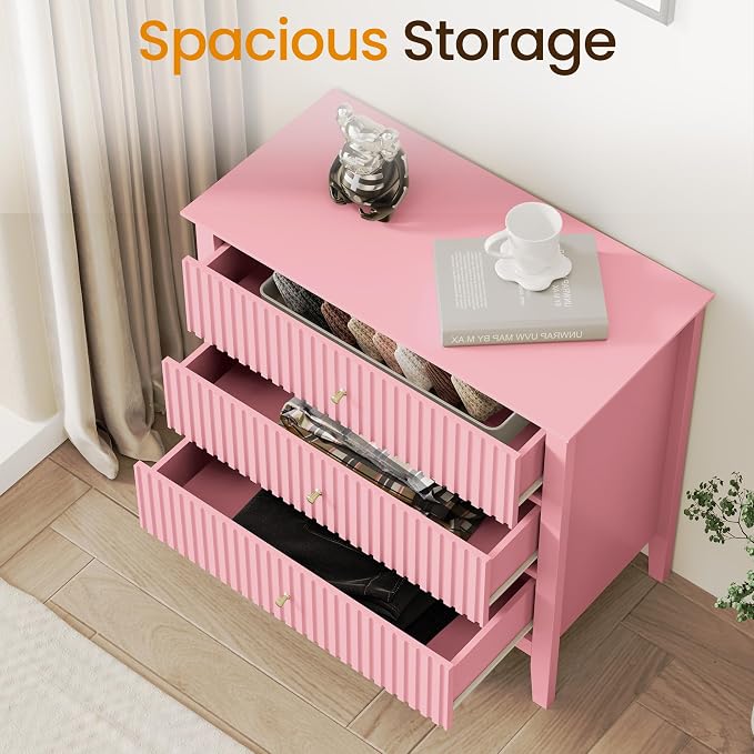 RoyalCraft Fluted 32 inch Wide Nightstand Set of 2, Large Pink Nightstand with 3 Drawer, Modern End Table, Wood Beside Table for Home and Office - Image 3