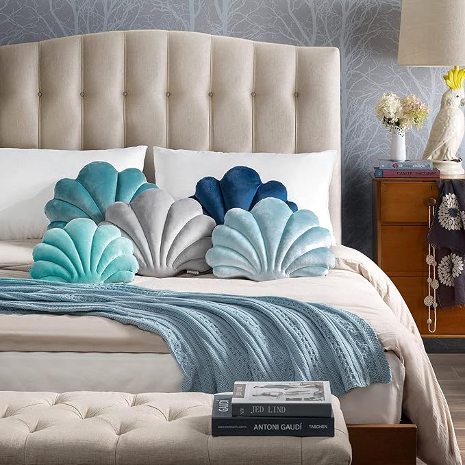 Ashler 3D Throw Pillows Shell Shaped Accent Throw Pillow, Soft Velvet Insert Included Cushion for Couch Bed Living Room, Pack of 1, Navy Blue, 18 X 13 inches
