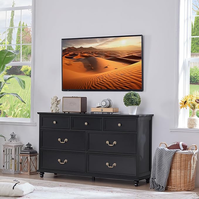 Joaxswe Farmhouse 7 Drawers Dresser for Bedroom, Black 54 Inch Wide Chest of Drawers w/ 4 Wooden Legs, Large Vintage Rustic Closet Dressers for Living Room, Wood TV Stand with Storage Organizer - Image 5
